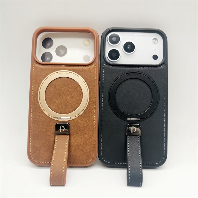 360 Rotation Ring Wireless Charging Leather Phone Case for iPhone 17 Pro Max 16 15 Finger Leather Strap Back Cover Premium Case