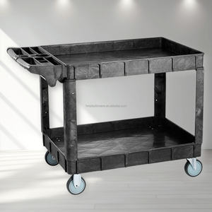 Vente d'usine Chariot de service en plastique à deux étagères Chariot utilitaire robuste avec poignée ergonomique