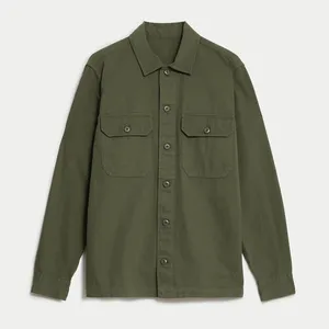 Personalizado nuevo estilo verde oscuro sarga de algodón camisa chaqueta de los hombres de manga larga camisa de trabajo uniforme con la empresa logotipo bordado