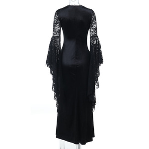 <span class=keywords><strong>Abbigliamento</strong></span> gotico abito Slim da donna con colletto V e maniche svasate in pizzo nuovo abito lungo nero - Product Image 6