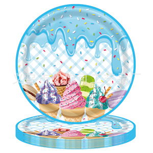 Assiettes en papier jetables pour fête d'anniversaire sur le thème des beignets et de la crème glacée d'été, style dessin animé, 8 pouces - Product Image 2