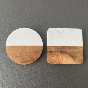 Marble & Wood Coaster Set, Round & <b>Square</b> Acacia Wood with Black/White Marble Drink Coasters for <b>Table</b> Protection - Product Image 5