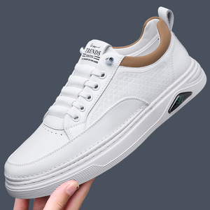 Men's <b>White</b> Sneakers Leather Low <b>Heel</b> Breathable Casual Walking Shoes - Product Image 1