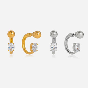 <b>Cuff</b> <b>Earrings</b> 18K Gold Stainless Steel Zircon Elliptical Ring Geometric Design Claw Setting Gift Jewelry - Product Image 1