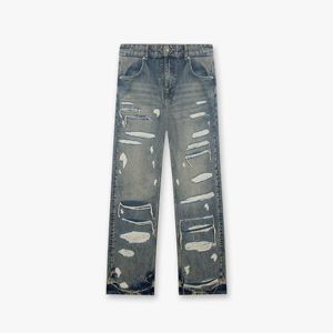 Pantalon en jean tricoté mi-long en coton personnalisé, style streetwear, délavé, déchiré, coupe décontractée, confortable, avec poches, pour printemps et automne - Product Image 1