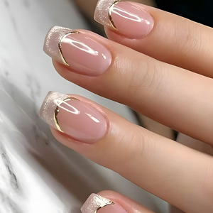 24 <span class=keywords><strong>Uñas</strong></span> Postizas <span class=keywords><strong>Francesas</strong></span> de Ojo de Gato, Color Rosa Nude <span class=keywords><strong>con</strong></span> Borde Dorado Brillante, <span class=keywords><strong>Uñas</strong></span> Acrílicas de Lujo Reutilizables para Manicura DIY - Product Image 2