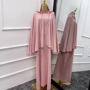 الشرق الأوسط دبي تركيا بلون أنيقة اثنين من قطعة Khimar اللباس مجموعة النداء المسلمات الحجاب المعطف فستان طويل العباءة الإسلام