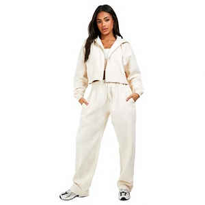 Women's Cream Hooded <b>Zip</b>-Up Tracksuit Set Full Length Loose Fit Side Pockets Casual Autumn Wear 100% Cotton Sweatpants - Product Image 1