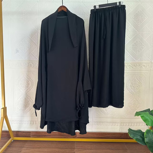 Jilbab a Due Pezzi con Gonna Khimar Abbigliamento Islamico Musulmano Abaya da Preghiera in Crepe con Polsini Arricciati e Lacci per le Dita - Product Image 6