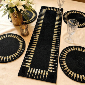 Black Gold Beaded <b>Table</b> Runner Rectangle Fabric Mats Glam Non Slip Design - Product Image 1