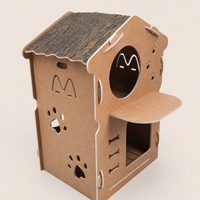 Villa para Gatos de Doble Capa, sin Herramientas, con Recortes de Cabeza y Huella de Gato, en Color Corteza de Roble Natural, 650 x 685 x 875 mm