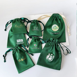 Pochette à cordon en faux satin vert foncé pour bijoux, bagues, boucles d'oreilles, pièces de monnaie, sac cadeau, voyage, fête, mariage, légère, impression de logo personnalisée - Product Image 3