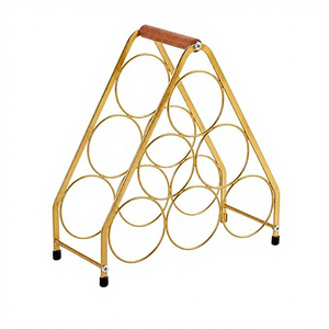Modern Metal Wine <b>Rack</b> With <b>Wood</b> Handle 6 Bottle <b>Storage</b> Stand Gold Finish Durable Design - Product Image 5