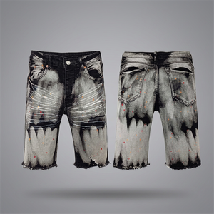 Vaqueros de hombre personalizados al por mayor, estilo urbano, casuales de verano, con botones, tiro medio, transpirables, impermeables, rasgados, con efecto salpicado de pintura, corte recto. - Product Image 2