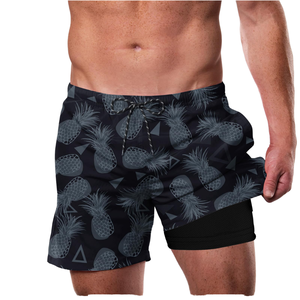 Short de bain / Boardshort pour homme noir à imprimé ananas avec doublure en polyester, séchage rapide, taille élastique, dites adieu aux traces de bronzage - Product Image 1
