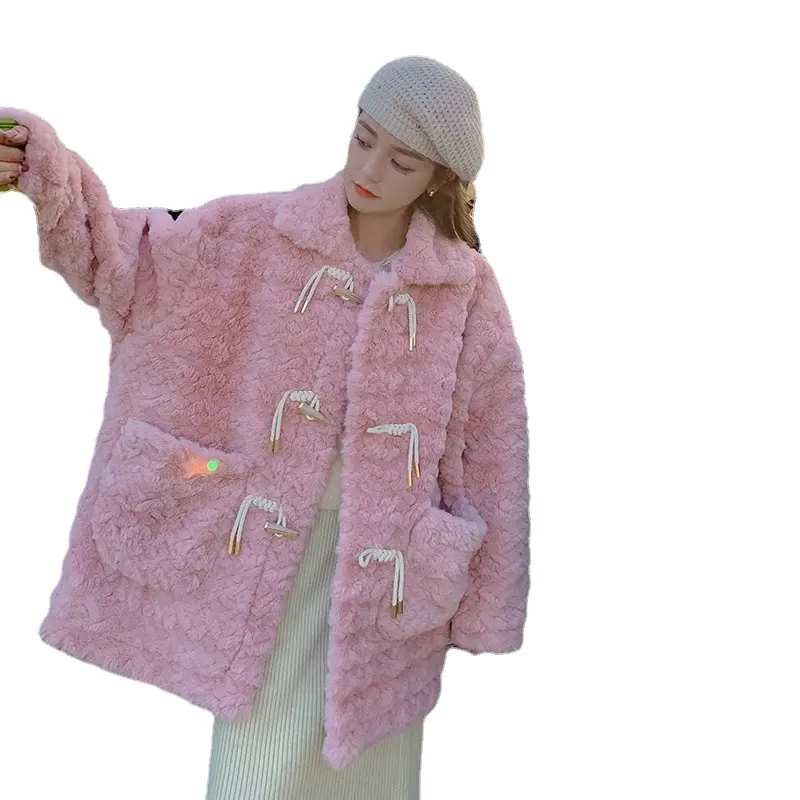 Commercio all'ingrosso 2023 inverno rosa addensato capelli di agnello imitazione pelliccia un pezzo corto stile accademia Versatile cappotto da donna