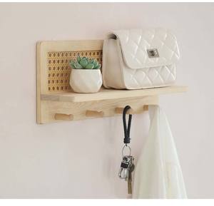 Scaffale portaoggetti a due livelli in legno massello e rattan in stile giapponese con gancio da parete intrecciato per chiavi, giornali e riviste, ideale per dormitorio - Product Image 6