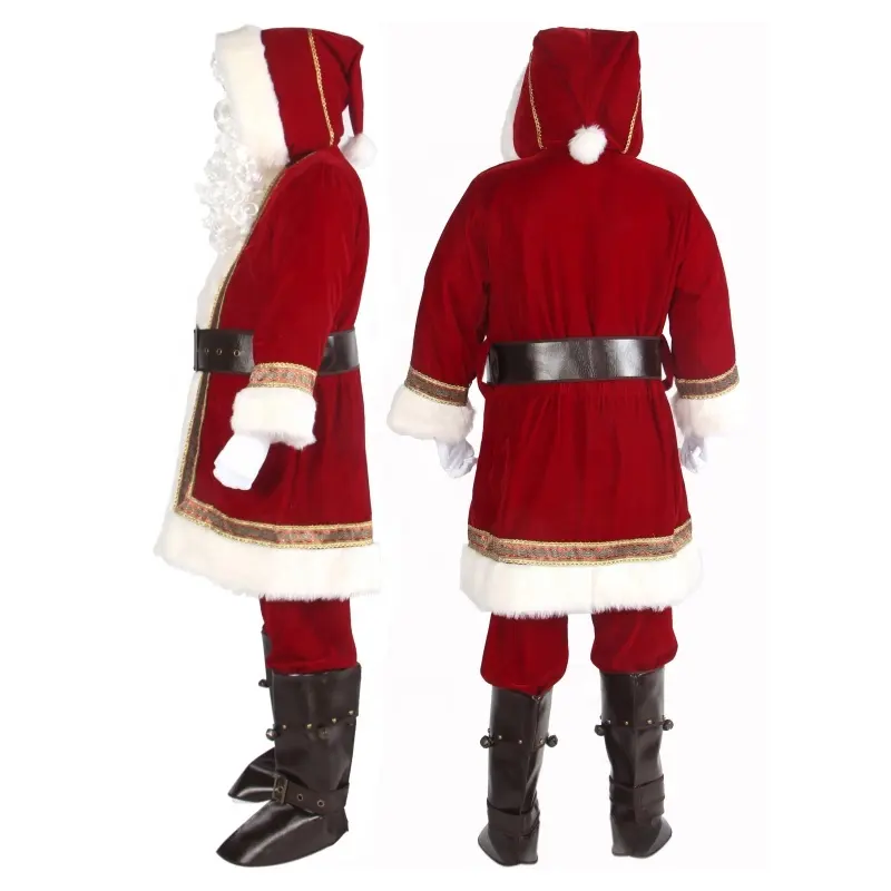 10 buah kostum Santa Claus pria Pleuche untuk Dewasa setelan Natal dengan aksesoris Dan celana poliester & atasan