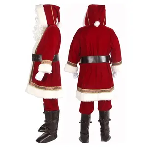 10 Stück Pleuche Herren Weihnachtsmann Kostüm für Erwachsene Weihnachtsanzug mit Zubehör und Polyesterhose und Oberteil