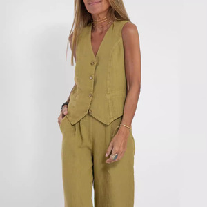 <span class=keywords><strong>Completi</strong></span> da <span class=keywords><strong>donna</strong></span> 2 pezzi gilet di <span class=keywords><strong>lino</strong></span> elegante set Casual pantaloni larghi - Product Image 3