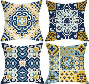 4 Fundas de <span class=keywords><strong>Almohada</strong></span> con Diseño de Mandala Bohemia, Flores Geométricas Azules y Amarillas, Arte Abstracto Mediterráneo Marroquí - Product Image 1