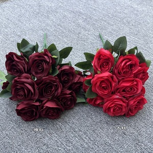 TH257 Wholesale 10-Head Burgundy &amp; Red Artificial <strong>Rose</strong> Bouquet High Quality <strong>Fake</strong> <strong>Roses</strong> for Wedding Decor - Product Image 1