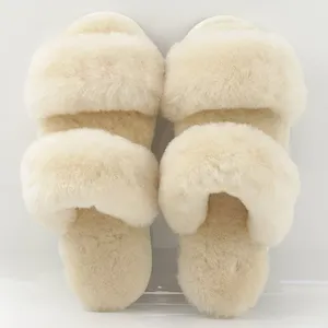 Custom Fashion Women's Fuzzy Shearling 2 Strap Cozy Plush Home Fluffy Furry Open Toe House Sheepskin Fur Slides Slippers