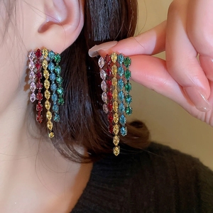 <span class=keywords><strong>Xina</strong></span>-pendientes de cristal de circonita coloridos simples para mujer, aretes largos geométricos con borlas para mujer, joyería de bodas - Product Image 4