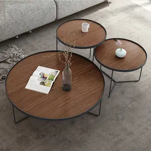 יוקרה עץ מלא עגול שולחן קפה סט שולחן צד עם רגל מתכת מעץ ברזל מעץ הסיטונאי מודרני 1 חתיכה חום + מתכת