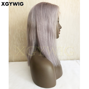 Stock 100% vierge Brésilienne cheveux réaliste délié naturel 12 pouces BOB <span class=keywords><strong>coupe</strong></span> Argent Couleur Droite sans colle dentelle avant perruque grise - Product Image 5