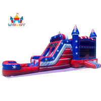 Château gonflable populaire et abordable, directement d'usine, avec toboggan et piscine, motif marbré bleu et rouge, idéal pour la location de fêtes et les jeux aquatiques estivaux.