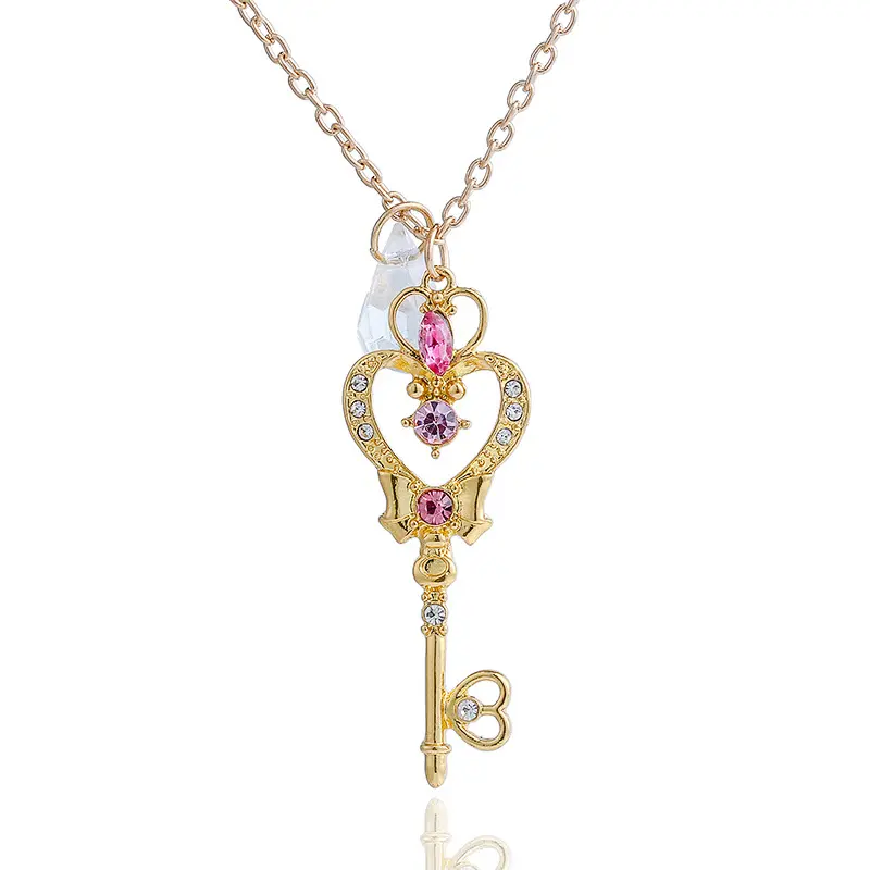 Japanese Anime Card Captor Sakura Magic Stick Love Pink Key Pendant Girl Heart Diamond Crystal Necklace