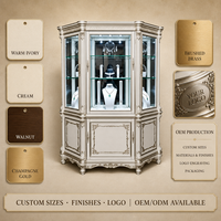 Vitrine à bijoux de style baroque français, vitrine hexagonale en verre avec éclairage LED intégré, cadre en or blanc ivoire