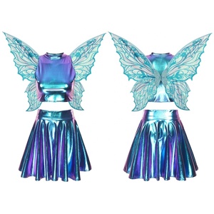 <b>Womens</b> <b>Fairy</b> <b>Costumes</b> Metallic Crop Top Mini Skirt Set Iridescent Wings Rave Festival Stage Performance Party Wear Custom - Product Image 3