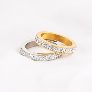 yunniqueFashion <b>Rings</b> <b>Titanium</b> Steel Gold Plated Double Row Full Diamond Pave Setting Engagement Unisex Jewelry - Product Image 1