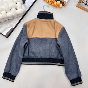 Chaqueta Bomber de Lana con Bloques de Color para Mujer, Cuello Alto, Cierre de Cremallera, Estilo Casual y Corto - Product Image 2