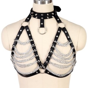 SacKnove 51155 クールな女性用ゴシックパンクスタッズ付き衣類、チェストハンギングとチェーン付き人気アクセサリー、襟付き女性用ボンデージブラ - Product Image 6
