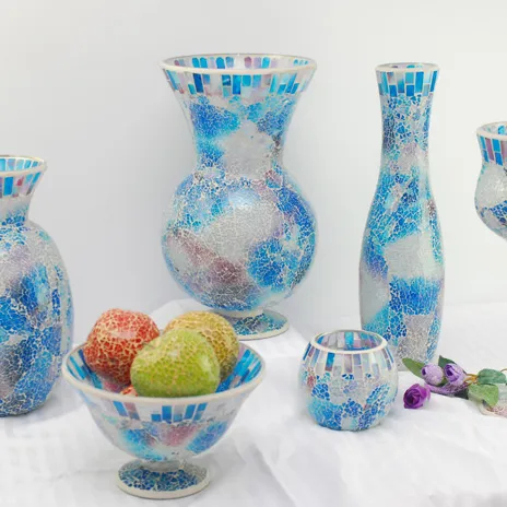 Vas Bunga Kaca dan Kristal Mewah 5 Set, Vas Bunga Biru Antik Mosaik Kerut-kerut Dekorasi Rumah Buatan Biru Muda 5 Set