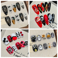 Medium Halloween Coffin Almond Press-On ABS Nail Art Pintado a mano Diseño de Halloween Stick-On Nails para dedos para Nail Art Salon
