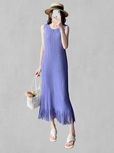Robe décontractée pour femme, longueur genou, col rond, manches chauve-souris plissées Miyake, ourlet à franges, écologique, collection PY 2026 - Product Image 4