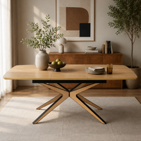 Table à manger moderne en mélamine imitation bois, taille fixe, avec base en métal bicolore en forme de X, pour la maison et l'hôtellerie