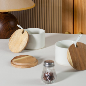 Ceramic Spice <b>Jars</b> <b>With</b> Wooden <b>Lids</b> And Spoons For Kitchen Seasoning Storage 3Pc Set - Product Image 2
