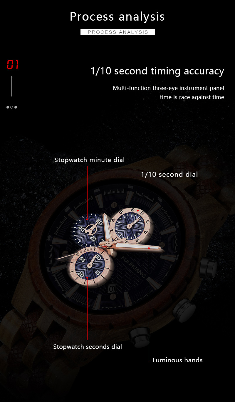 KUNHUANG Bois Montre Top Luxe Chronographe Mains Lumineuses Hommes Militaire - Montres en Tout Bois Relogio Masculino