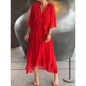 Abito Casual comodo da donna-nuovo stile tinta unita maniche a pipistrello stringate irregolari di grandi dimensioni intrecciate - Product Image 2