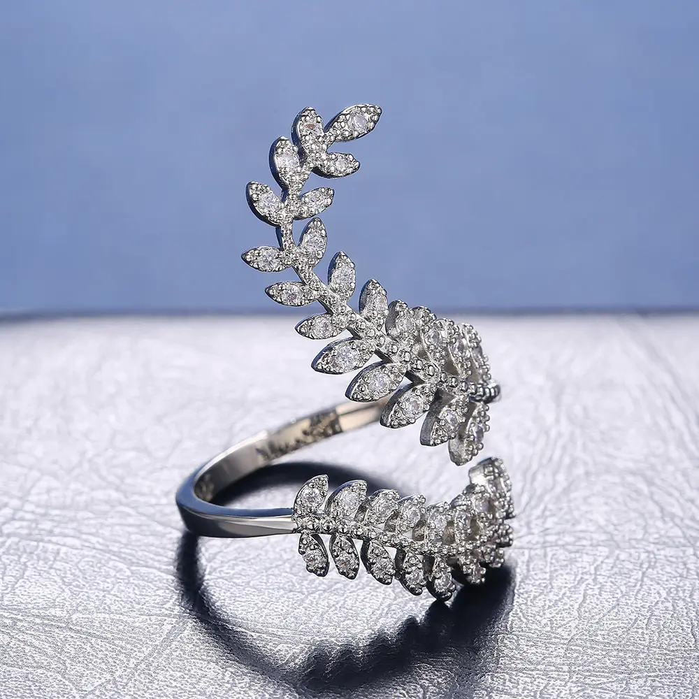 Hot sale ladies zircon good price 925 silver napkin luxury cubic leaf adjustable rings women jewelry