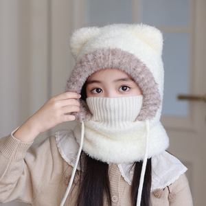 Hiver Extérieur Oreilles d'Ours Mignonnes Bonnet Tricoté Chaud pour Enfants Couleur Solide Bonnets en Peluche Echarpe de Masque 3 en 1 <span class=keywords><strong>Cagoule</strong></span> - Product Image 3