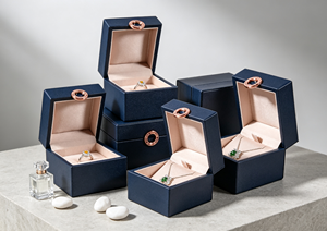 The <b>box</b> is made of delicate dark blue faux leather decorated with <b>rose</b> gold round metal buckle the inner side of flip - Product Image 5