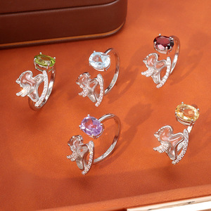 8 Lindos Anillos Ajustables con Forma de Caballitos de la Suerte, Piedras Naturales Ovaladas de 6*8mm, Plata 925, Joyería de Piedras Preciosas Coloridas al por Mayor - Product Image 5