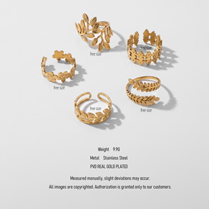 QIAOREN Set di 5 Anelli Boho con Foglie e Fiori in Acciaio Inossidabile Dorato, Anelli Aperti Regolabili e Impilabili per Donne - Product Image 6