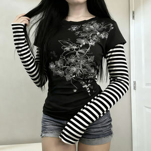 T-shirt à manches longues rayé à superpositions style Y2K pour femmes, imprimé, couleur contrastée, streetwear - Product Image 5